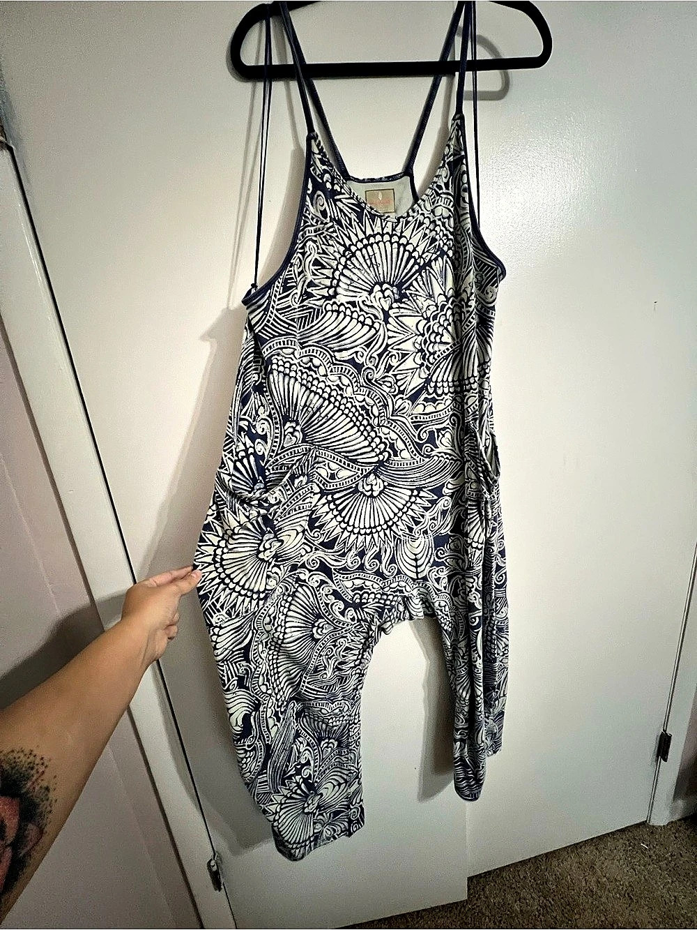Free People Movement Printed Wide Leg Jumpsuit in Blue & White Size Large